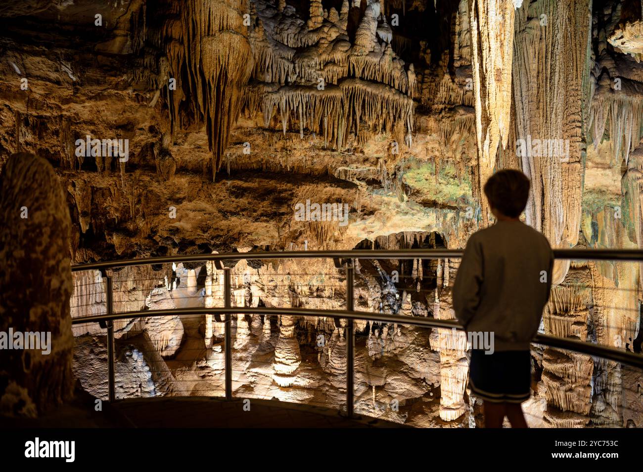 LURAY, Virginie — la tente des Saracens des grottes de Luray représente l'un des plus beaux exemples de formations de draperies de grottes au monde. Cette délicate formation de pierres coulantes, reconnue par le National Geographic pour sa qualité exceptionnelle, ressemble à des rideaux translucides de pierre. La formation démontre le lent processus de dépôt de minéraux qui crée des draperies de grottes sur des centaines de milliers d'années. Banque D'Images