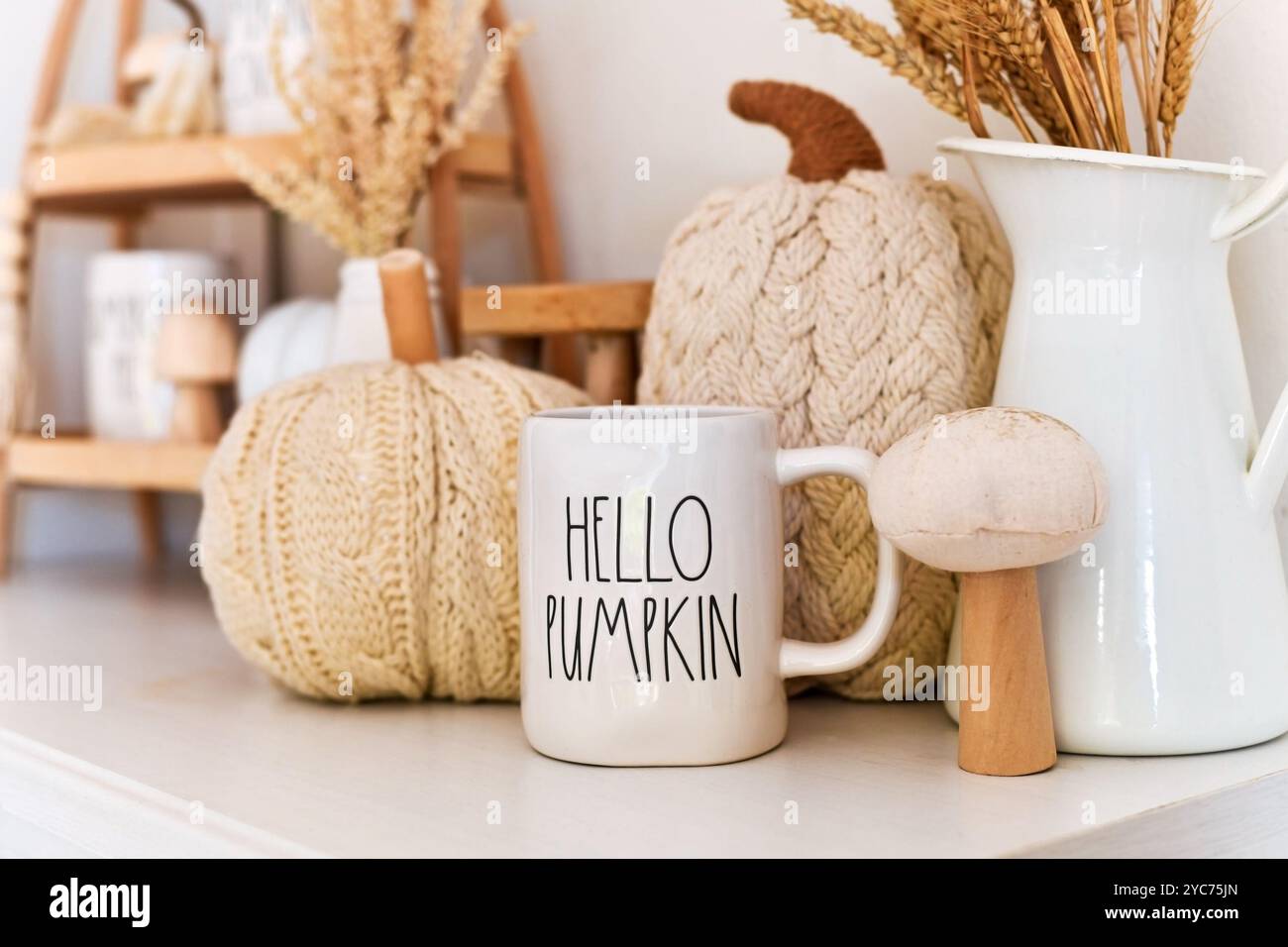 Dossenheim, Allemagne - 1er septembre 2024 : décor d'automne style boho avec mugs Rae Dunn avec texte 'Hello Pumpkin', citrouilles tricotées et fleurs séchées Banque D'Images