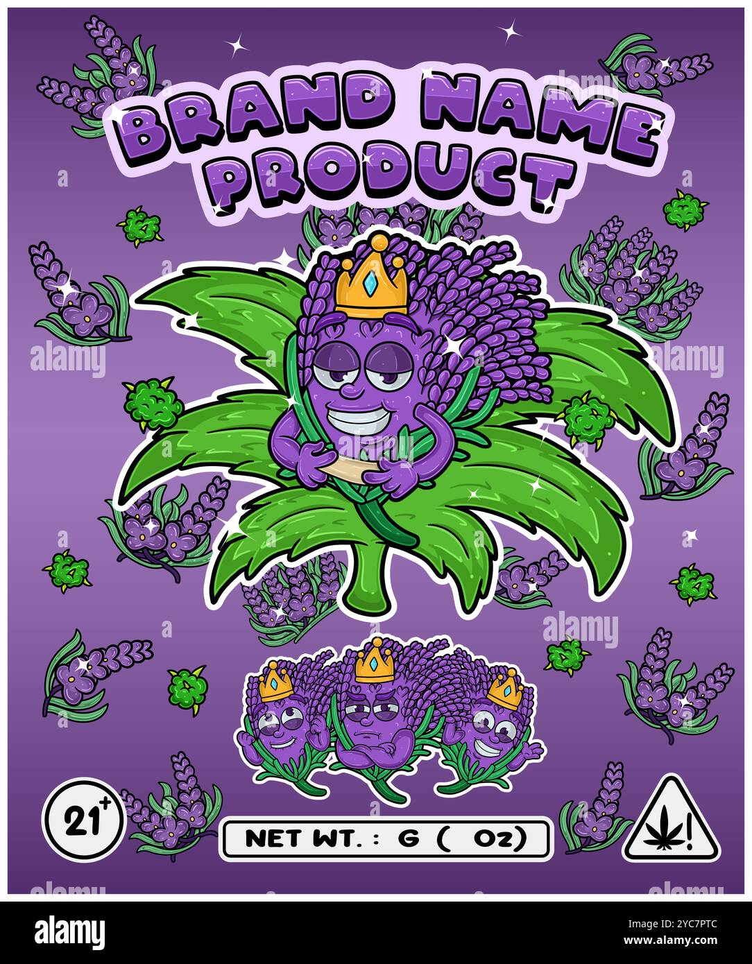 Saveur de lavande cartoon avec feuille de cannabis, conçu pour logo, étiquette ou emballage. Marquage de produits dans l'industrie du cannabis, en particulier pour les produits comestibles, Illustration de Vecteur