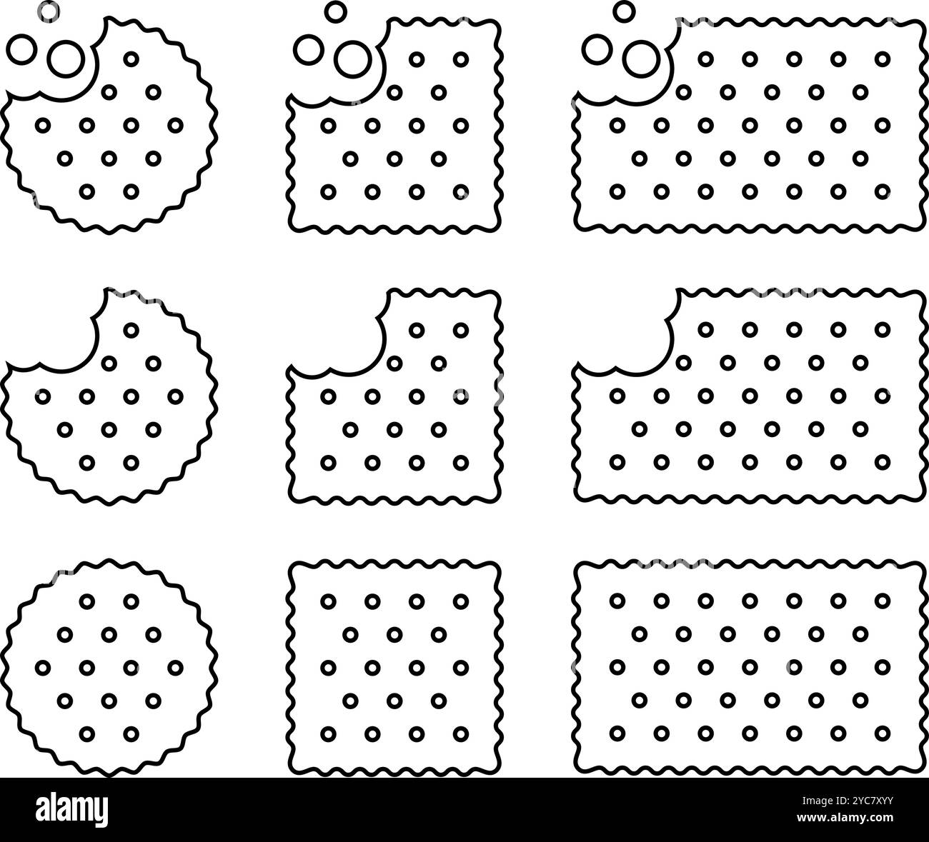 Ensemble d'icônes entières et mordues de craquelin. Biscuits sucrés ou salés de forme ronde, carrée et rectangulaire. Collations croquantes ou chips isolées sur fond blanc. Illustration graphique vectorielle. Illustration de Vecteur