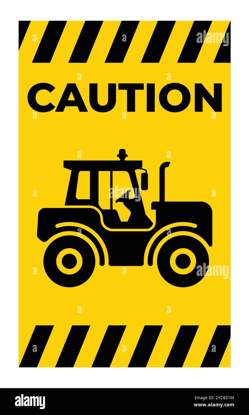 Un panneau d'avertissement comportant une icône de tracteur noire sur fond jaune. Cette image sert d'avertissement clair pour la sécurité agricole et les machines Illustration de Vecteur