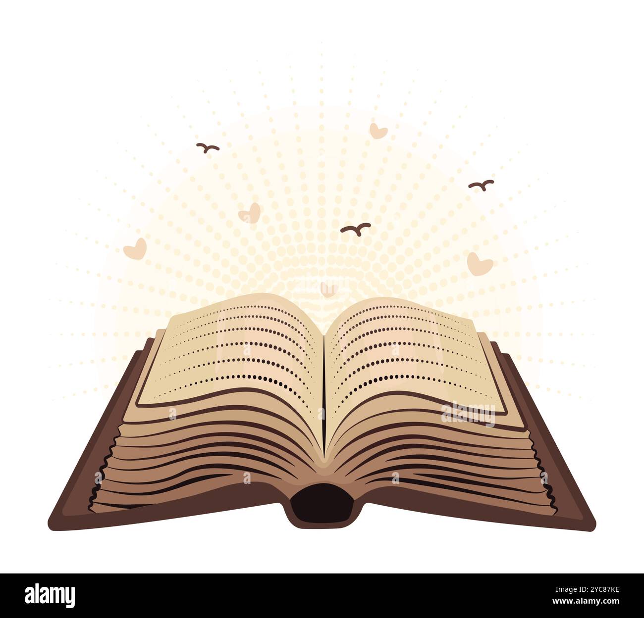 Vieux livre ouvert beige avec texte abstrait, lumière, oiseaux et coeurs, littérature sombre de l'académie, journal vintage épais, illustration de couleur vectorielle Illustration de Vecteur