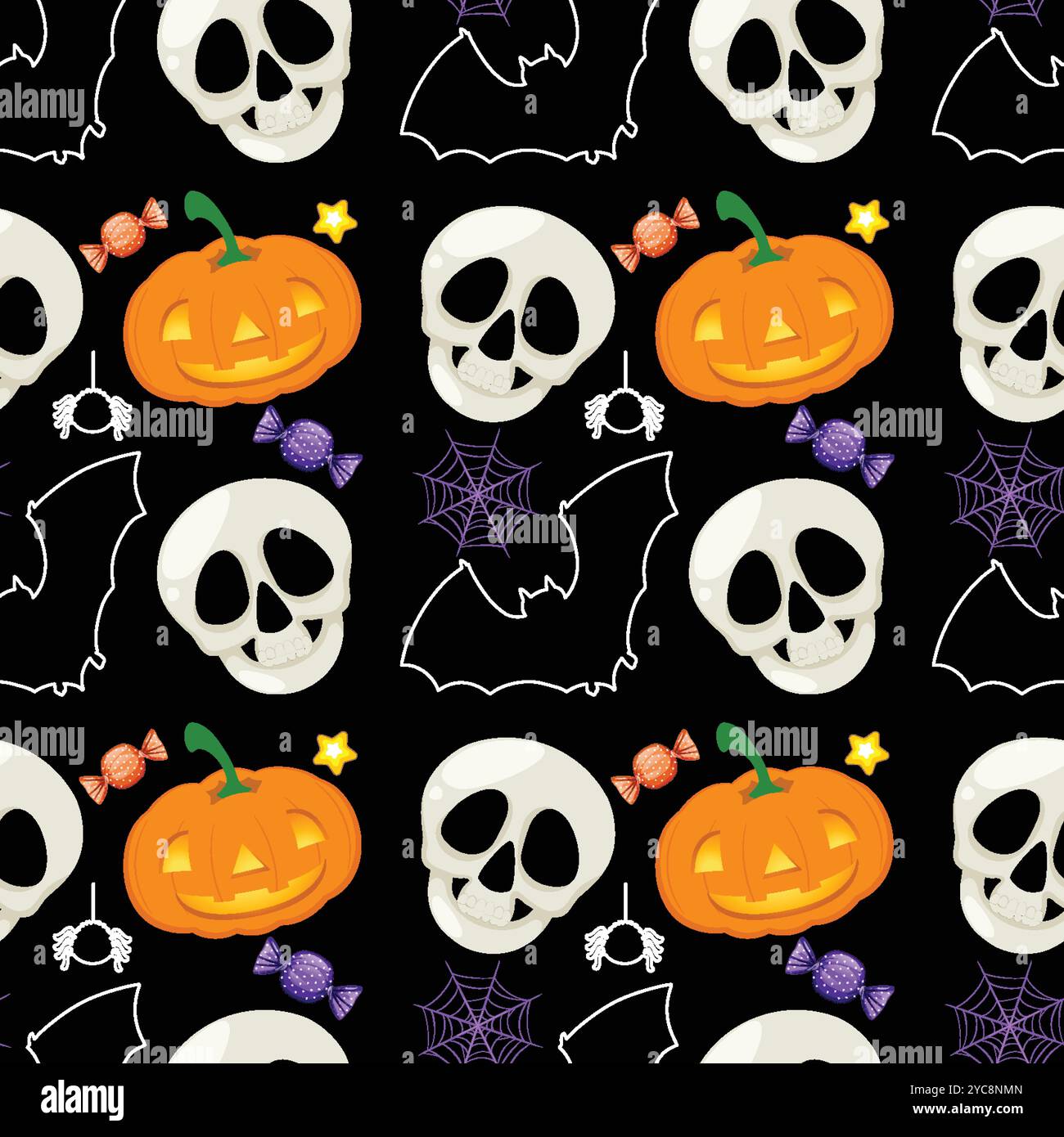 Crânes, citrouilles, chauves-souris et bonbons sur fond noir Illustration de Vecteur
