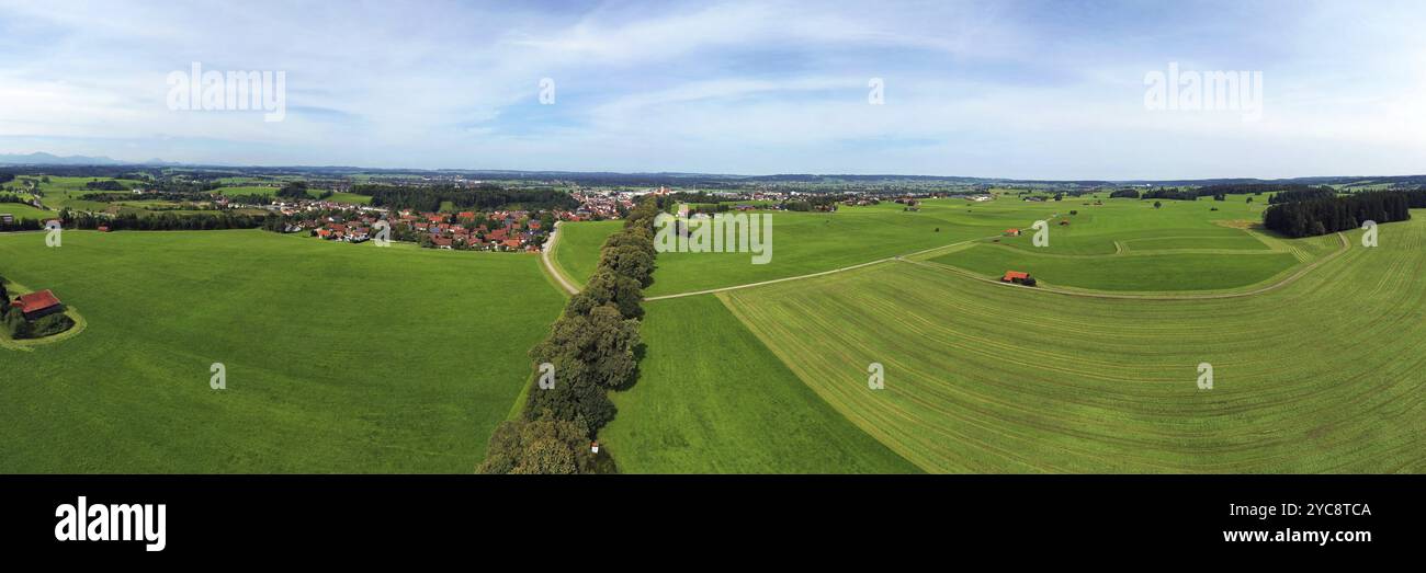 Vue aérienne de Lindenallee à Marktoberdorf avec vue sur le château historique. Marktoberdorf, Ostallgaeu, Souabe, Bavière, Allemagne, Europe Banque D'Images