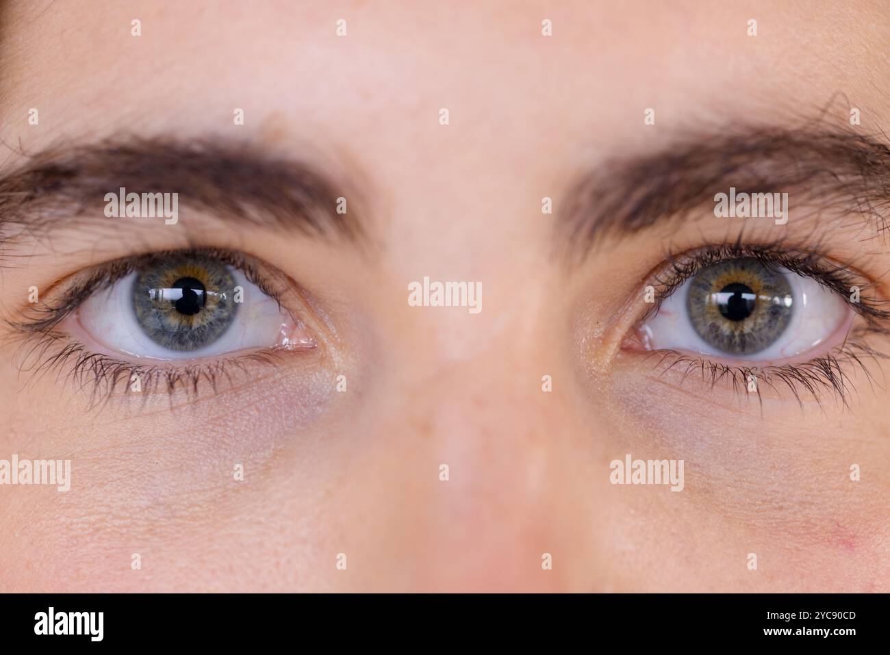 Gros plan des yeux bleus de la femme regardant intentionnellement, capturant le moment de réflexion, à la maison Banque D'Images