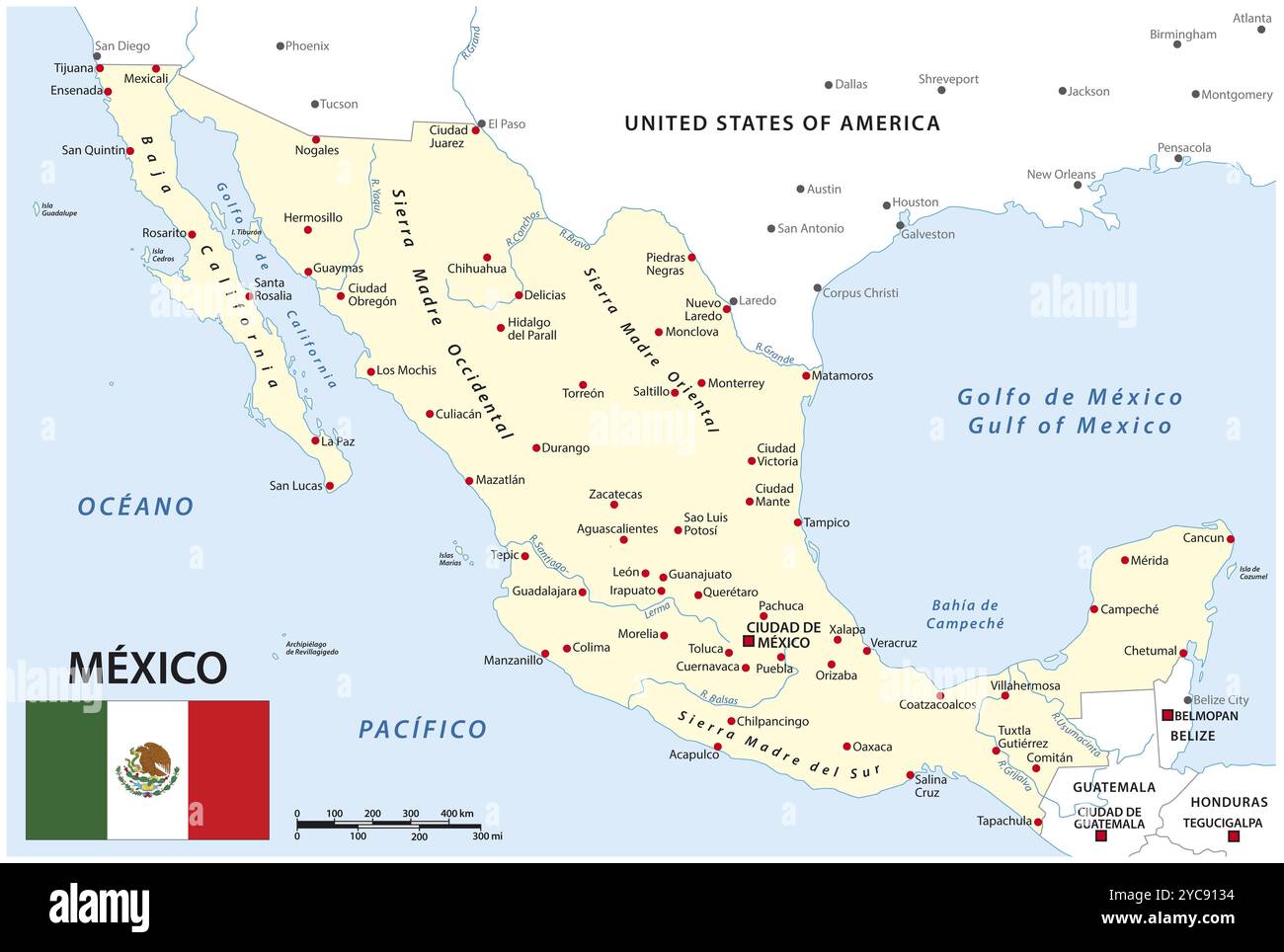 Carte du Mexique avec frontières nationales, principales villes et rivières Banque D'Images