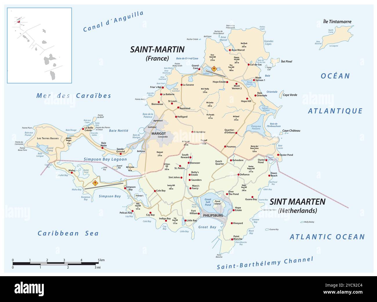 Carte routière de l'île caribéenne Saint Martin, France, pays-Bas, Europe Banque D'Images