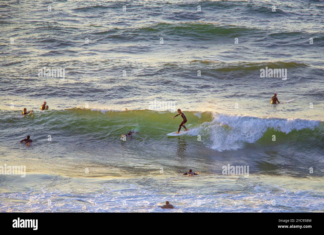 12-29-2014 tel Aviv, Israël. Surf dans l'Israël chaud, vacances de Noël! Hommes chevauchant sur la vague au coucher du soleil Banque D'Images