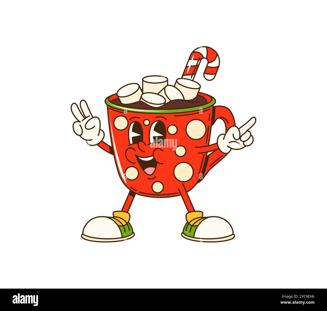 Personnage de tasse de Noël groovy de dessin animé orné de guimauve et de canne de bonbons. Mug rouge vecteur isolé, boisson au cacao avec le visage joyeux profitant de la saison des fêtes avec une ambiance ludique de vacances Illustration de Vecteur