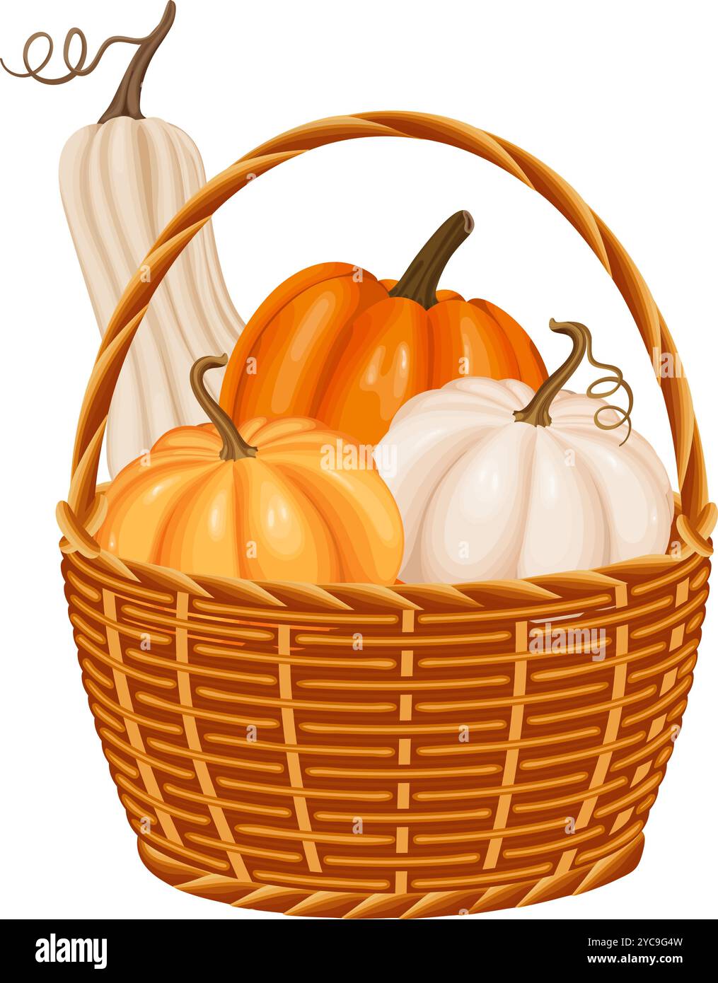 Une illustration vectorielle animée sur le thème de l'automne d'un panier en osier rempli de citrouilles. La composition comporte des citrouilles orange et blanches. Illustration de Vecteur