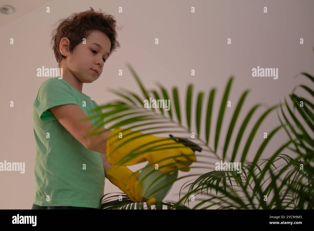 drôle enfant mignon portant des gants en caoutchouc jaune prend soin des plantes à la maison, pulvérisant la plante avec de l'eau propre à partir d'un pistolet de pulvérisation. boy s'occupe de lui Banque D'Images
