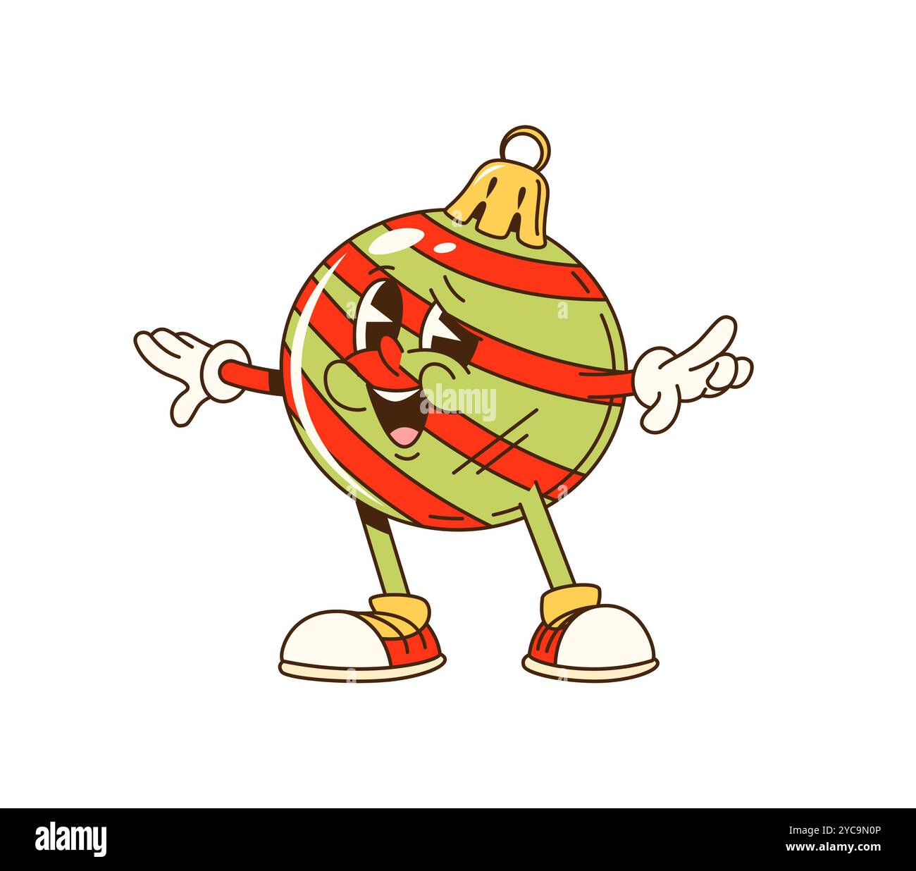 Personnage de boule de Noël groovy de dessin animé avec des rayures vibrantes et des baskets, célébrant la fête rétro. Boule vectorielle isolée, décorations de vacances le personnage rayonne de plaisir de Noël, de joie et d'esprit festif Illustration de Vecteur