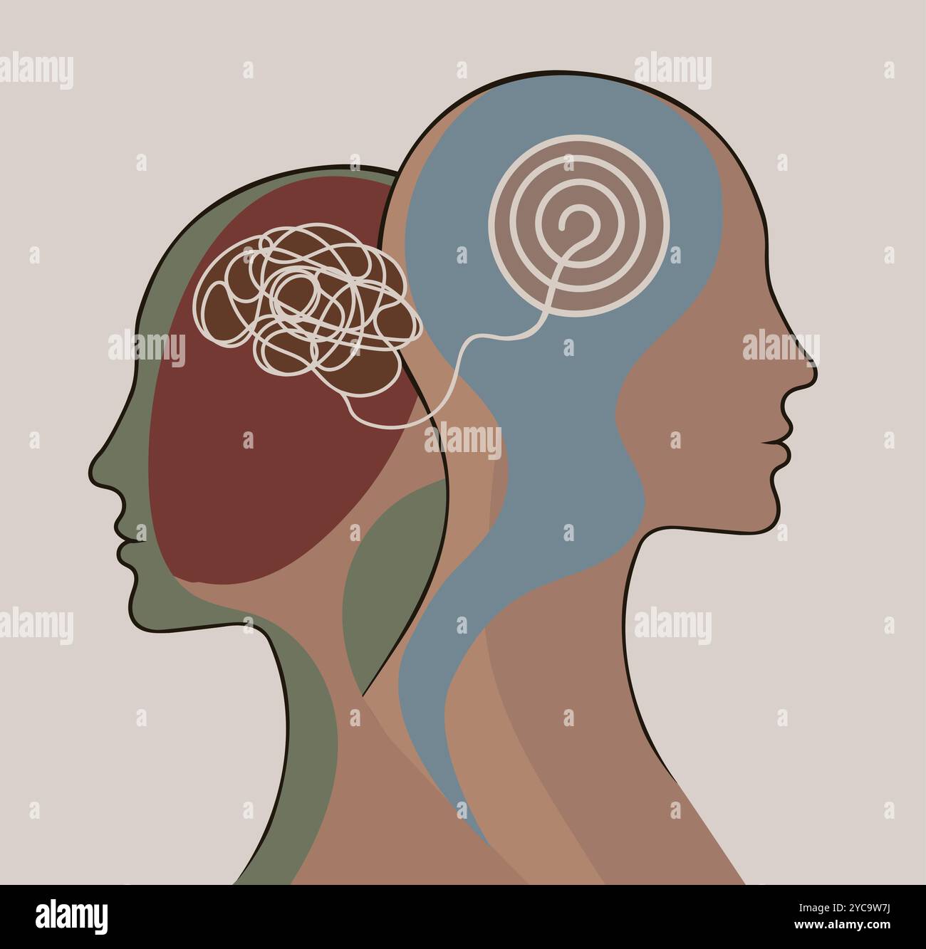 Silhouette de 2 têtes. Métaphore trouble bipolaire mental. Double face avec enchevêtrement et démêlement du cerveau. Concept trouble de l'humeur. La santé mentale. Diviser Illustration de Vecteur