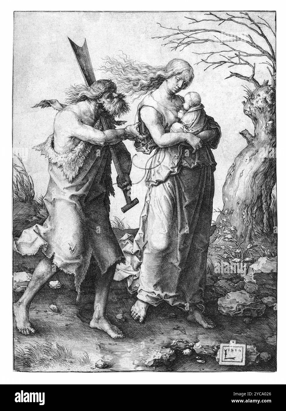 Adam et Ève après l'expulsion - Lucas van Leyden (1494-1533) - couleur corrigée Banque D'Images