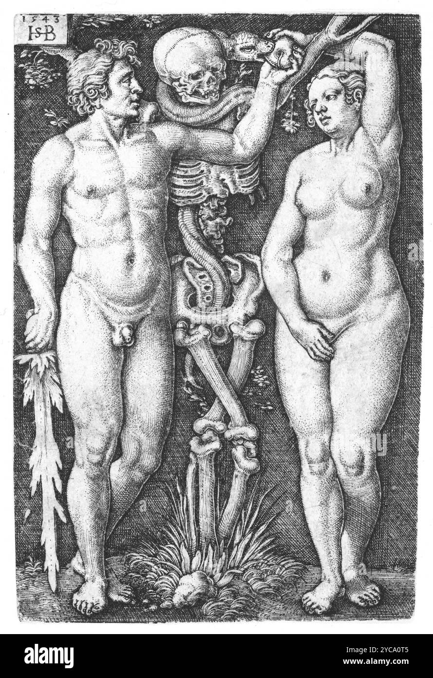Adam et Eve, impression, Sebald Beham, d'après Barthel Beham, 1543 - couleur corrigée Banque D'Images