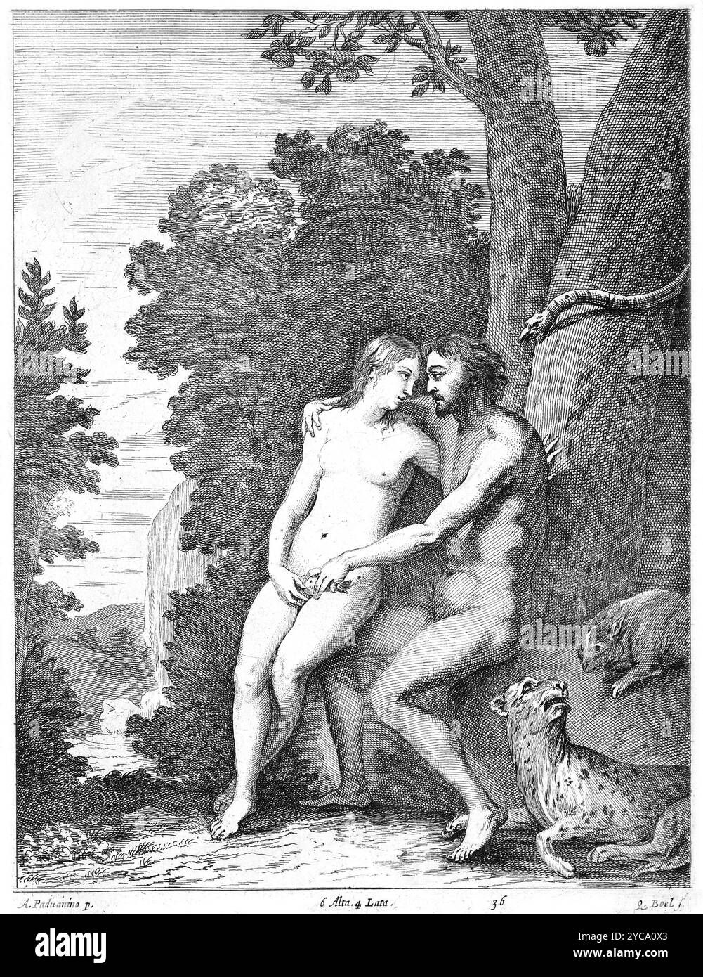 Gravure - Quirijn Boel - Adam et Eve, 1673 - couleur corrigée Banque D'Images