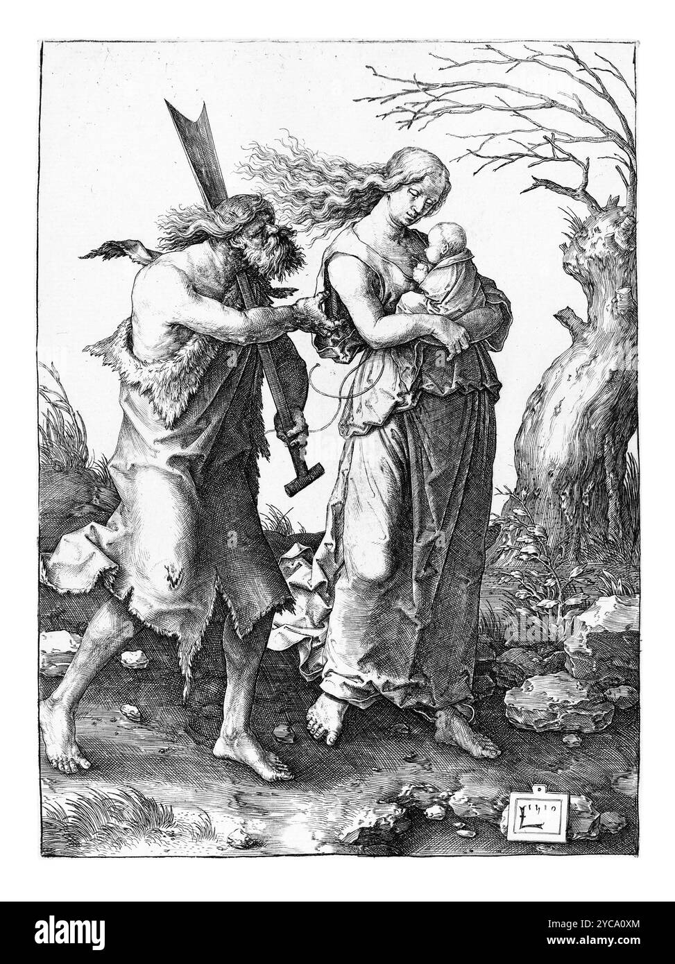 Gravure de Lucas van Leyden, Adam et Eve après leur expulsion du Paradis, 1510 - couleur corrigée Banque D'Images