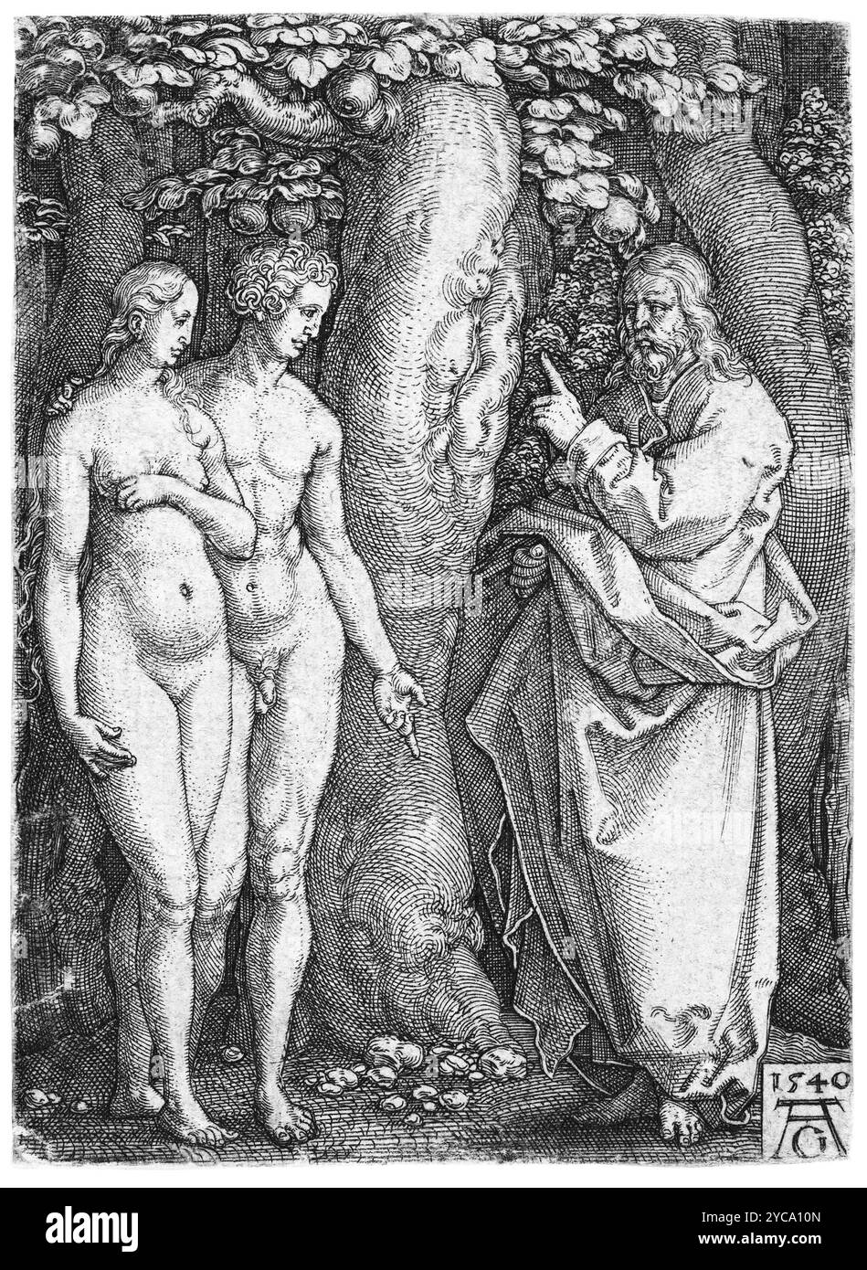 Dieu interdisant à Adam et Ève de manger de l'arbre de la connaissance, de l'histoire d'Adam et Ève 1540 - Heinrich Aldegver (1502-1561) - couleur corrigée Banque D'Images