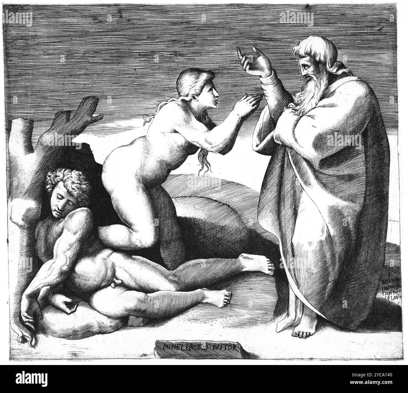 La création d'Eve qui émerge de derrière Adam, c 1530–1570 - couleur corrigée Banque D'Images