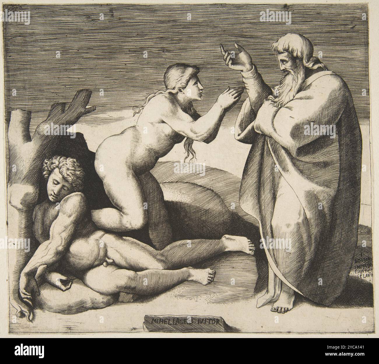 La création d'Eve qui émerge de derrière Adam, vers 1530-1570 Banque D'Images