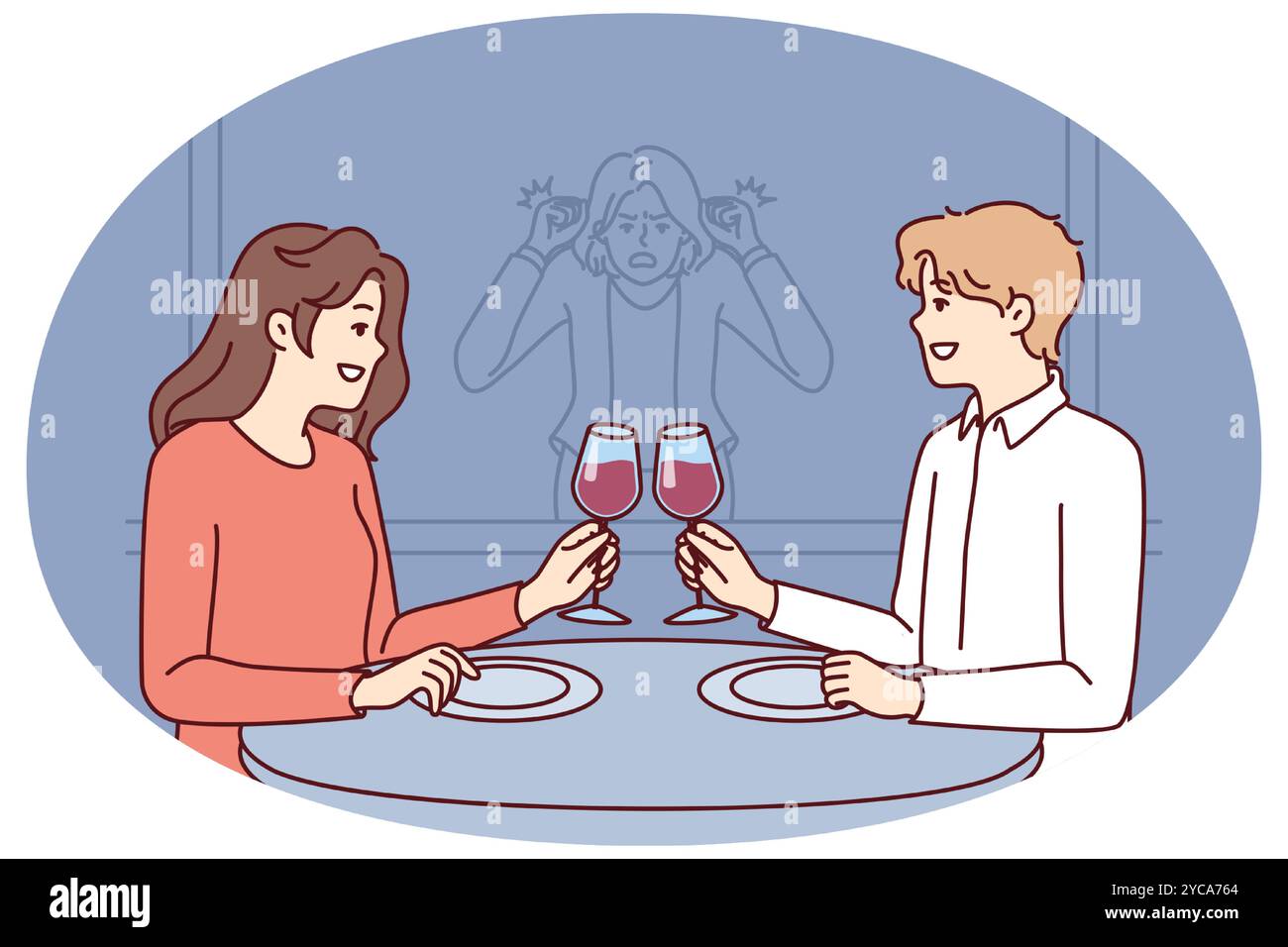 La fille de Stalker regarde la date de l'ancien petit ami qui boit du vin au restaurant avec une nouvelle petite amie. Concept de jalousie et de surveillance de l'être aimé allant à la date ou trahison de la tricherie mari Illustration de Vecteur