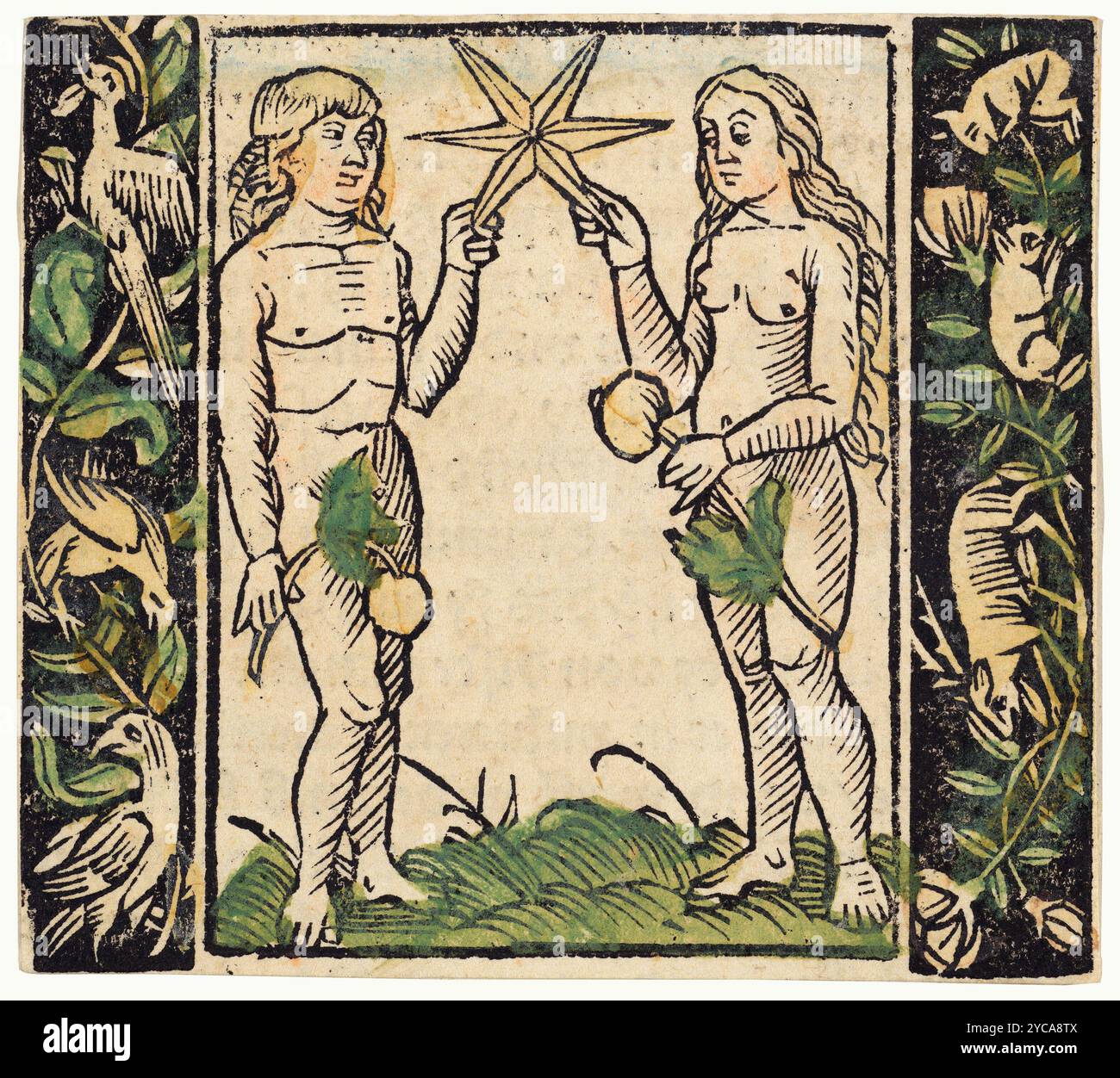 Adam et Eve tenant une étoile, illustration de Beschlossen Gart des Rosenkranz Mariae, estampe, Hans Baldung (dit Hans Baldung Grien). Gravure sur bois, colorée à la main. années 1500 Banque D'Images