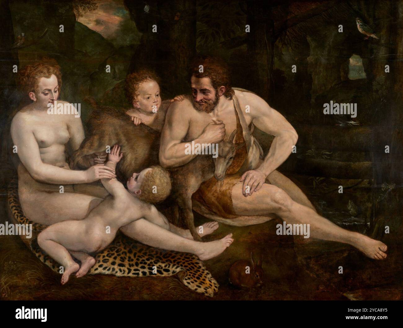 Peinture de Frans Floris - Adam et Eve avec Caïn et Abel - entre 1530 et 1570 - huile sur panneau Banque D'Images
