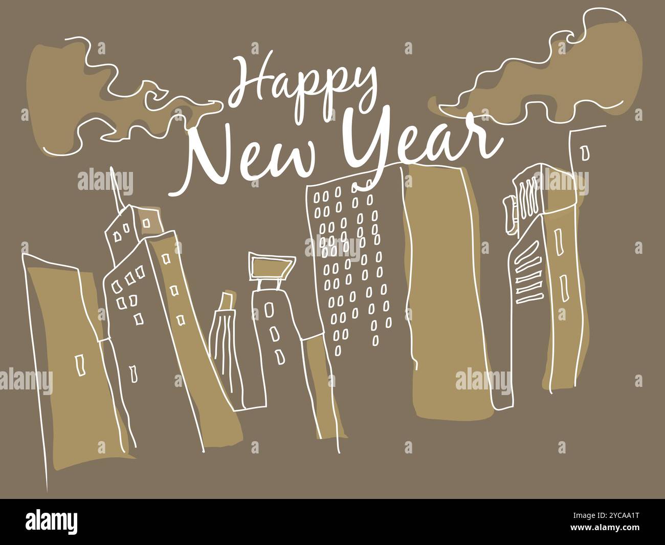 Horizon de la ville avec un message de bonne année. Le message est écrit en cursive et se trouve au centre de l'image Illustration de Vecteur
