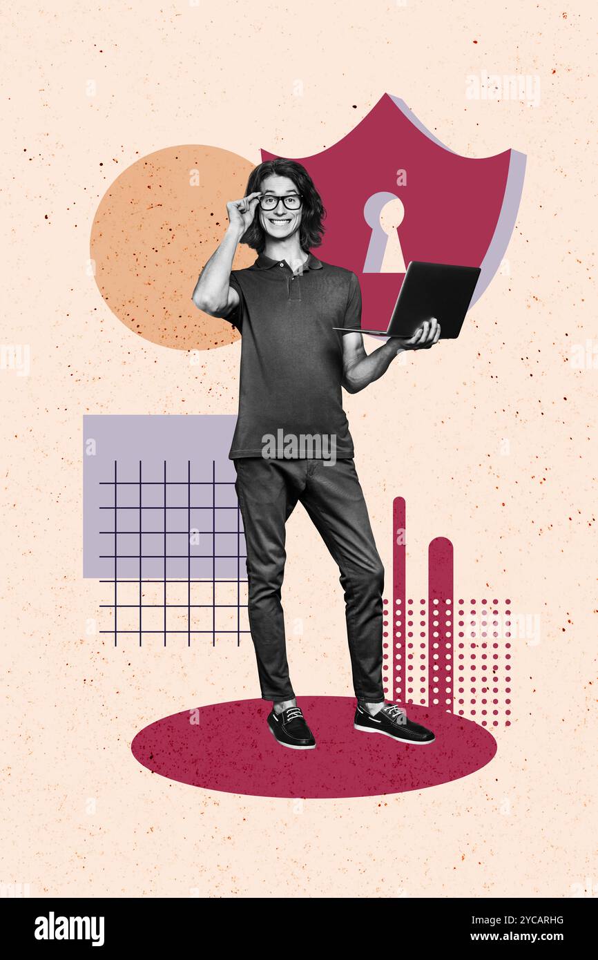 Image d'illustration de collage composite verticale de verrou de sécurité d'ordinateur portable Guy isolé sur fond créatif Banque D'Images