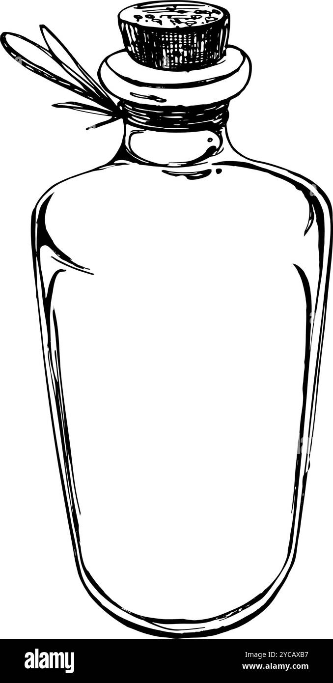 Bouteille en verre, pot allongé avec liège et ficelle autour du cou. Illustration graphique dessinée à la main en ligne de couleur noir et blanc Objet isolé Illustration de Vecteur