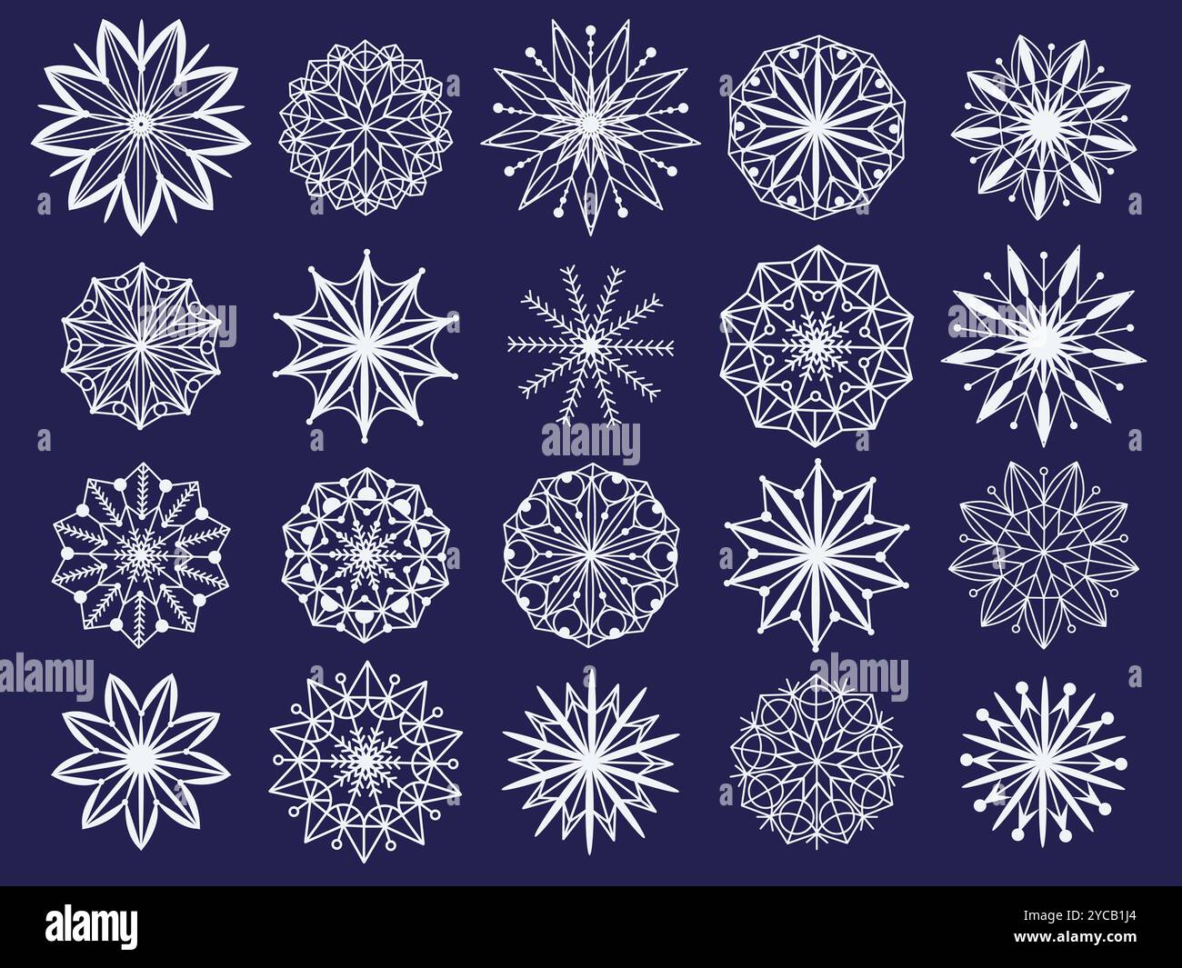 Flocons de neige avec différents motifs définis. Collection d'art clip cristaux de neige fragile. Simple image de contour de flocons de neige pour créer le nouvel an et Noël Illustration de Vecteur