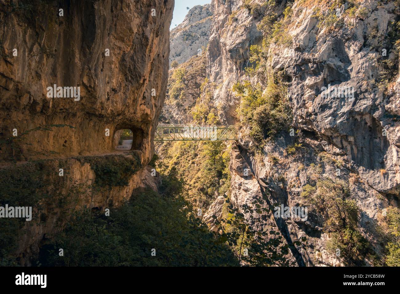 Parcourez l'impressionnante route de la rivière Cares, qui comprend des falaises abruptes, un sentier rocheux perfide creusé dans le flanc de la montagne et un mince pont métallique Banque D'Images