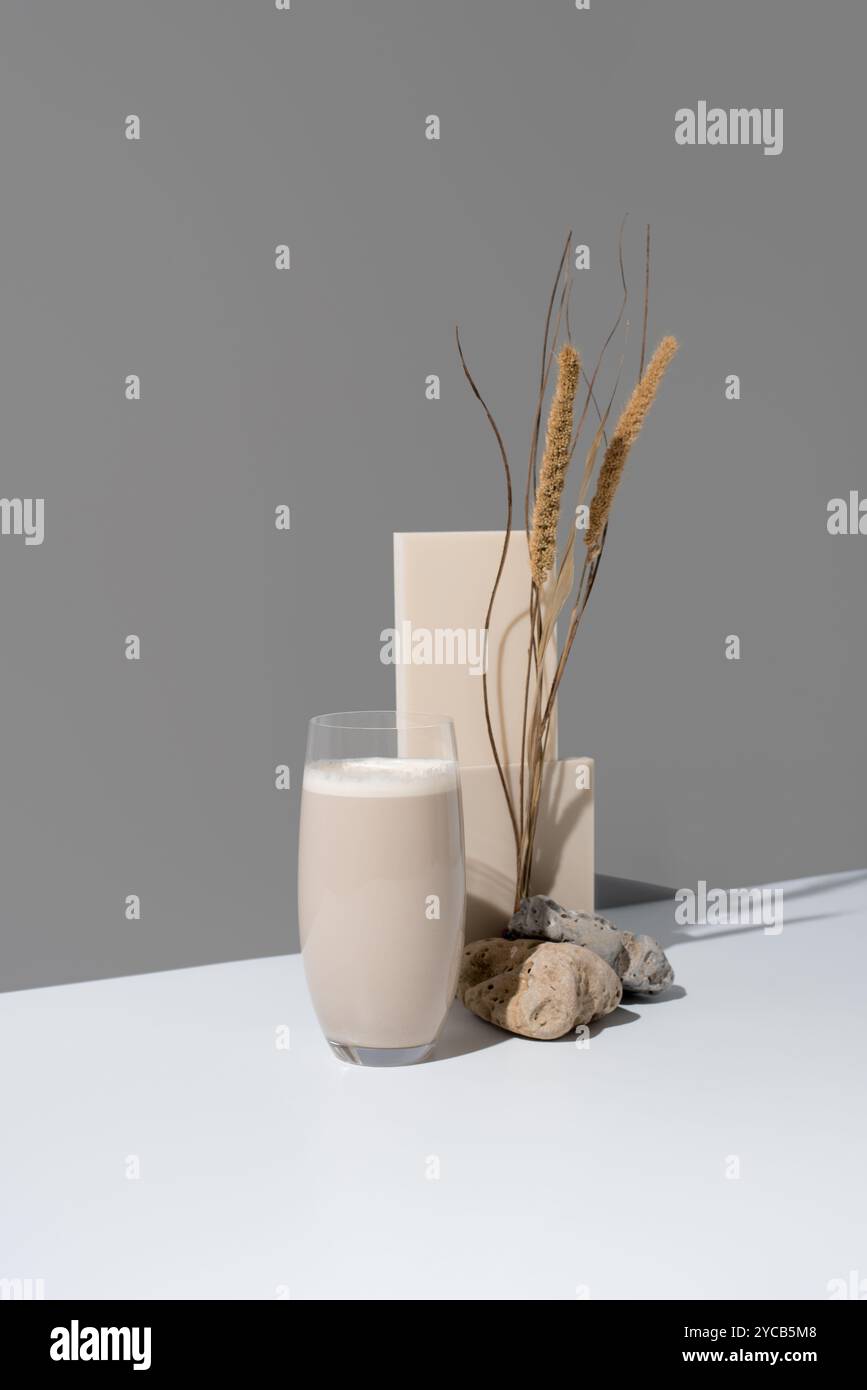 Une configuration minimaliste moderne avec un verre clair de tigernut horchata avec un fond de tons neutres et un placement artistique de plantes séchées et STO Banque D'Images