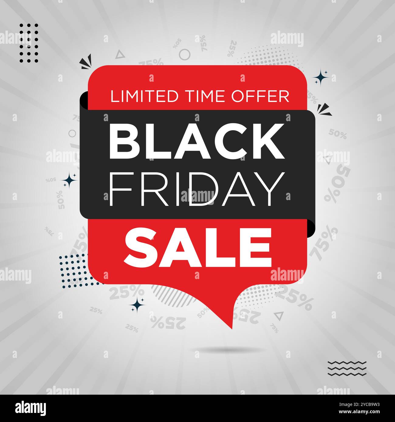 Conception de bannière de vente de vendredi noir, modèle de post de bulle de discours, conception de vente de vendredi noir. Bannière typographique pour Black Friday. Fond de rafale abstrait. Illustration de Vecteur