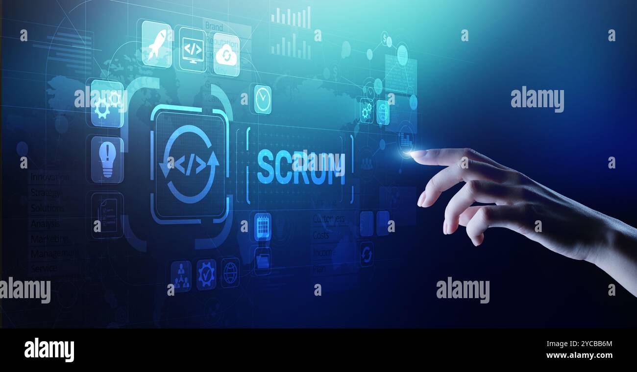 SCRUM, méthodologie de développement Agile, concept de technologie de programmation et de conception d'applications sur écran virtuel. Banque D'Images
