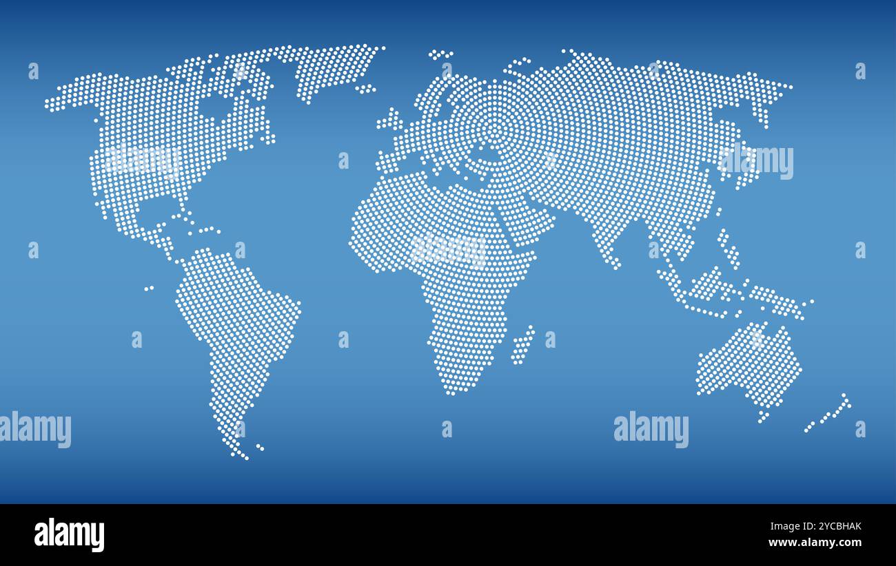 Carte du monde avec motif de points radiaux sur fond bleu acier. Des points blancs allant du centre vers l'extérieur forment la silhouette de la surface de la Terre. Banque D'Images
