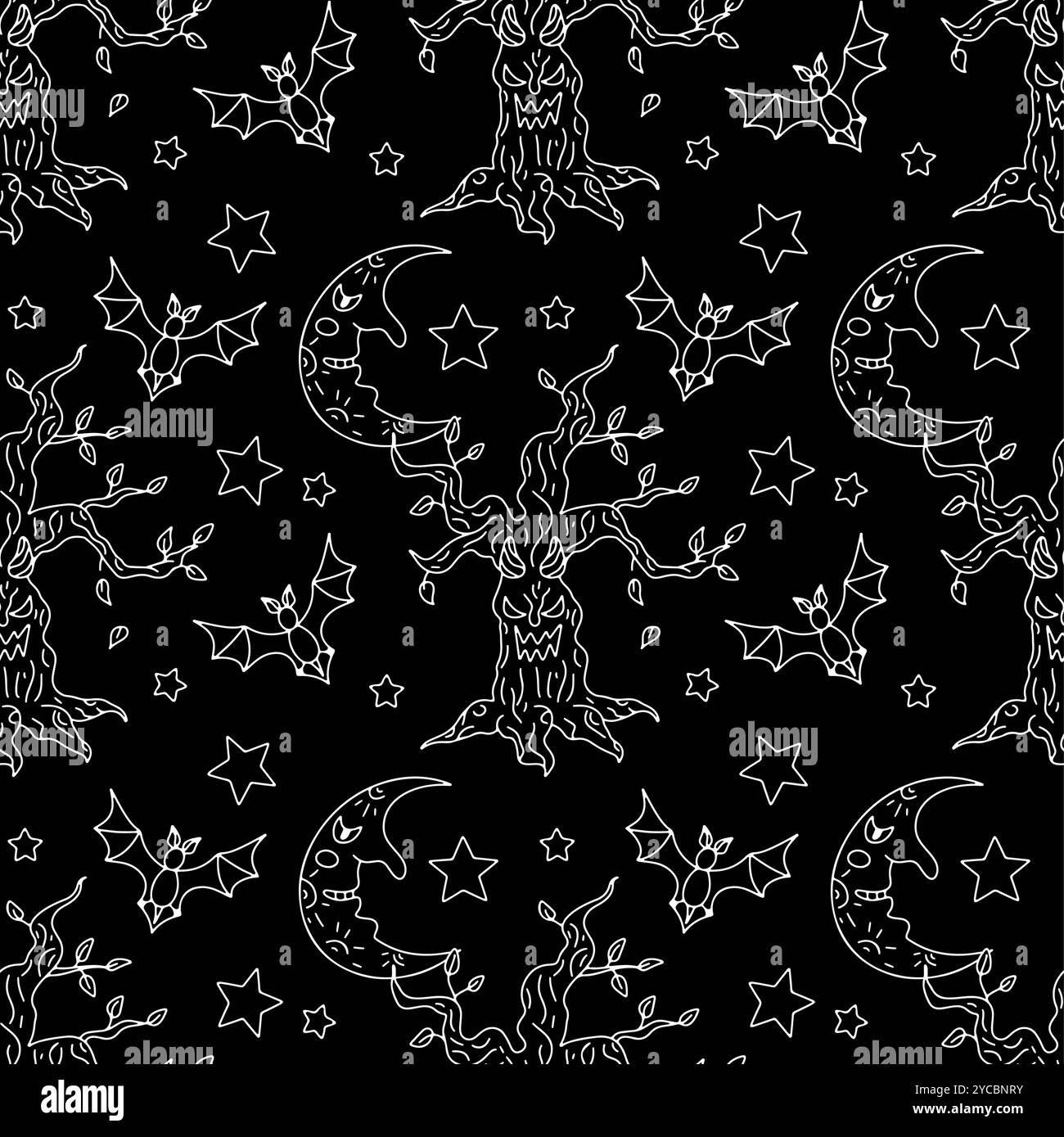 Modèle sans couture avec de mignons arbres de forêt maléfiques dessinés à la main Halloween et des demi-lunes avec le sourire Illustration de Vecteur