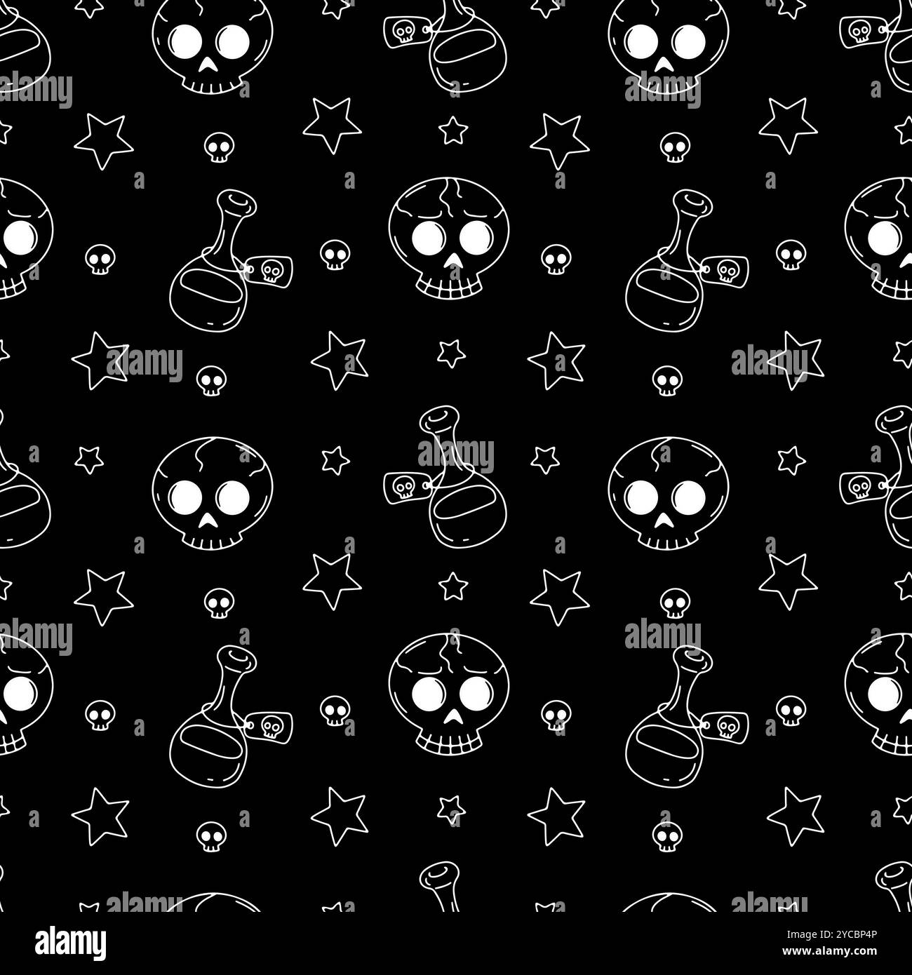 Modèle sans couture avec des crânes d'Halloween dessinés à la main mignons et des potions magiques Illustration de Vecteur