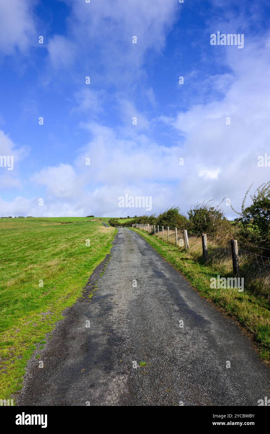 Route de campagne traversant le pays de colline avec des terres agricoles vertes de clôture et le ciel bleu le long de la frontière de l'Angleterre et du pays de Galles dans les collines du Shropshire Banque D'Images