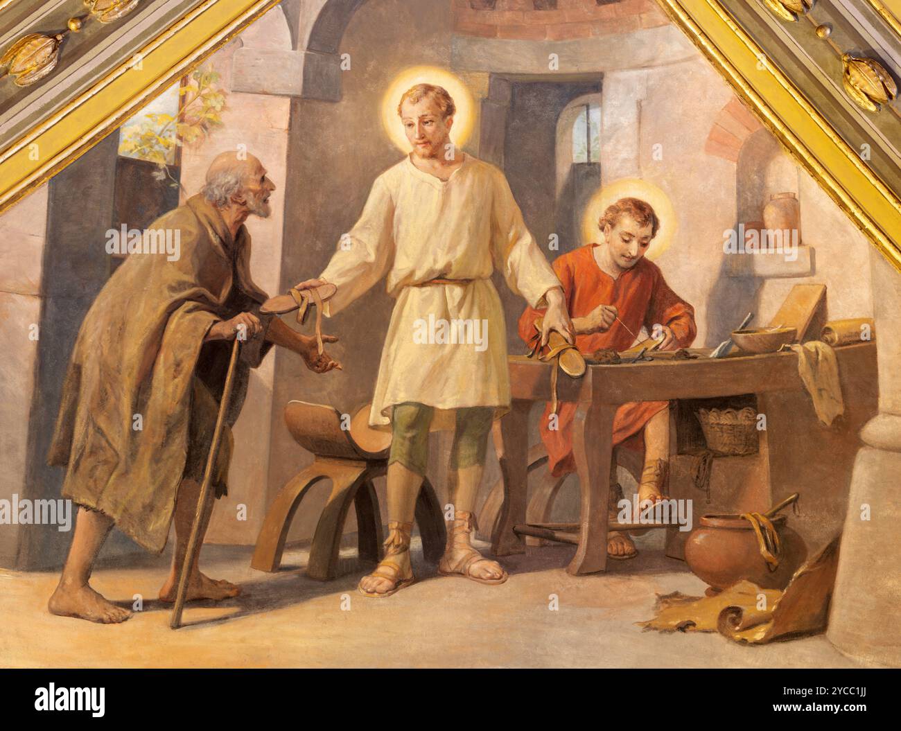 VOGHERA, ITALIE - 12 SEPTEMBRE 2024 : la fresque de réunissent Joseph et jeune Jésus et réunissent Anthony l'Abbé à Domo - Collegiata di San Lorenzo Banque D'Images