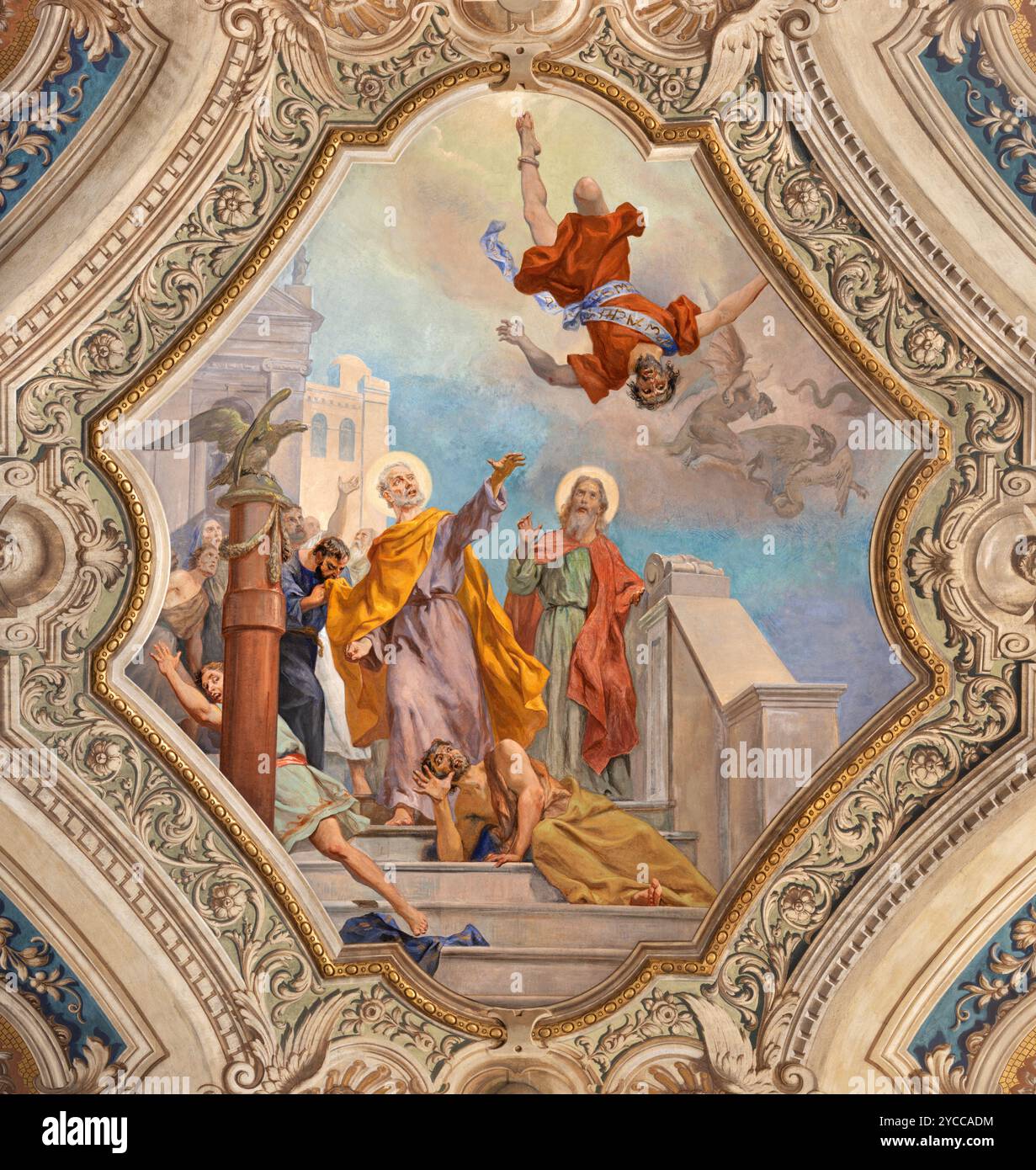 ALESSANDRIA, ITALIE - 9 SEPTEMBRE 2024 : la fresque Mision de réunissant Paul et Barnabas sur le plafond de la cathédrale par Luigi Morgari du 20. cent. Banque D'Images