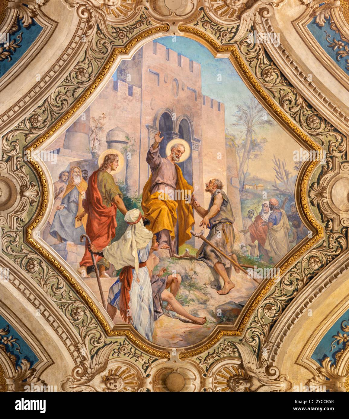 ALESSANDRIA, ITALIE - 9 SEPTEMBRE 2024 : la fresque des saints Pierre et Jean guérissent l'homme boiteux devant le Temple sur le plafond de la cathédrale Banque D'Images ALESSANDRIA, ITALIE - 9 SEPTEMBRE 2024 : la fresque des saints Pierre et Jean guérissent l'homme boiteux devant le Temple sur le plafond de la cathédrale Banque D'Images