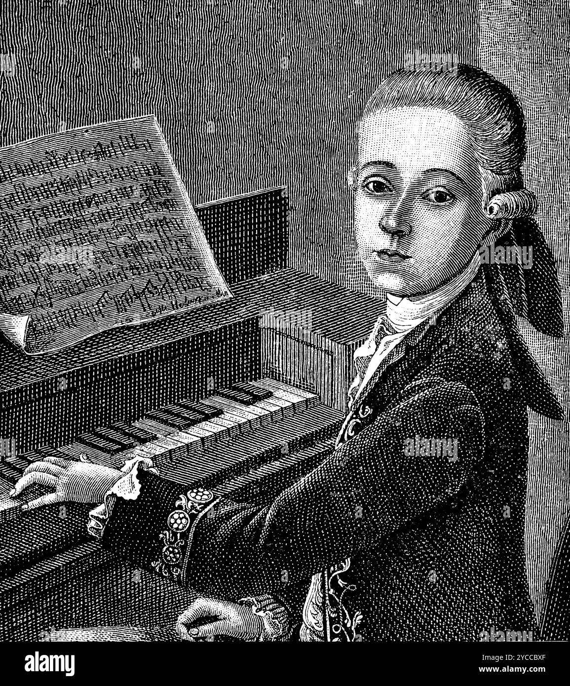 Mozart (1756-1791), onze ans, jouant du piano, illustration historique 1892 Banque D'Images