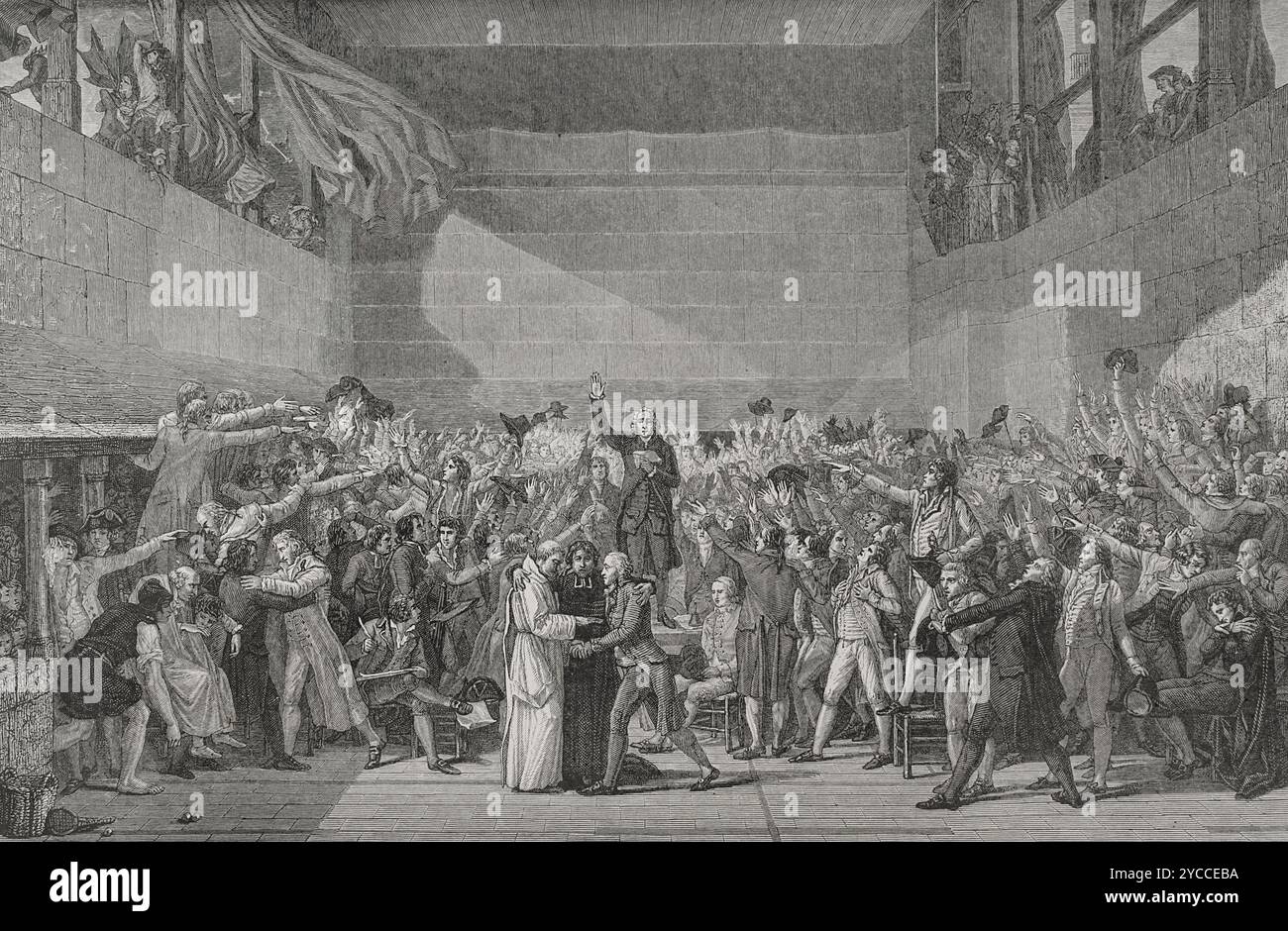 Révolution française. Serment sur le court de tennis (20 juin 1789). Engagement solennel d'union dans le but de mettre fin à l'ancien régime. Il se déroule dans un court de tennis (jeu de paume) à Versailles par 578 députés français. Convoqués dans le cadre des États généraux de 1789, ils étaient majoritairement membres du tiers État, avec quelques représentants du clergé et de la noblesse. Gravure. "Histoire de la Révolution française". Volume I, 1876. Banque D'Images