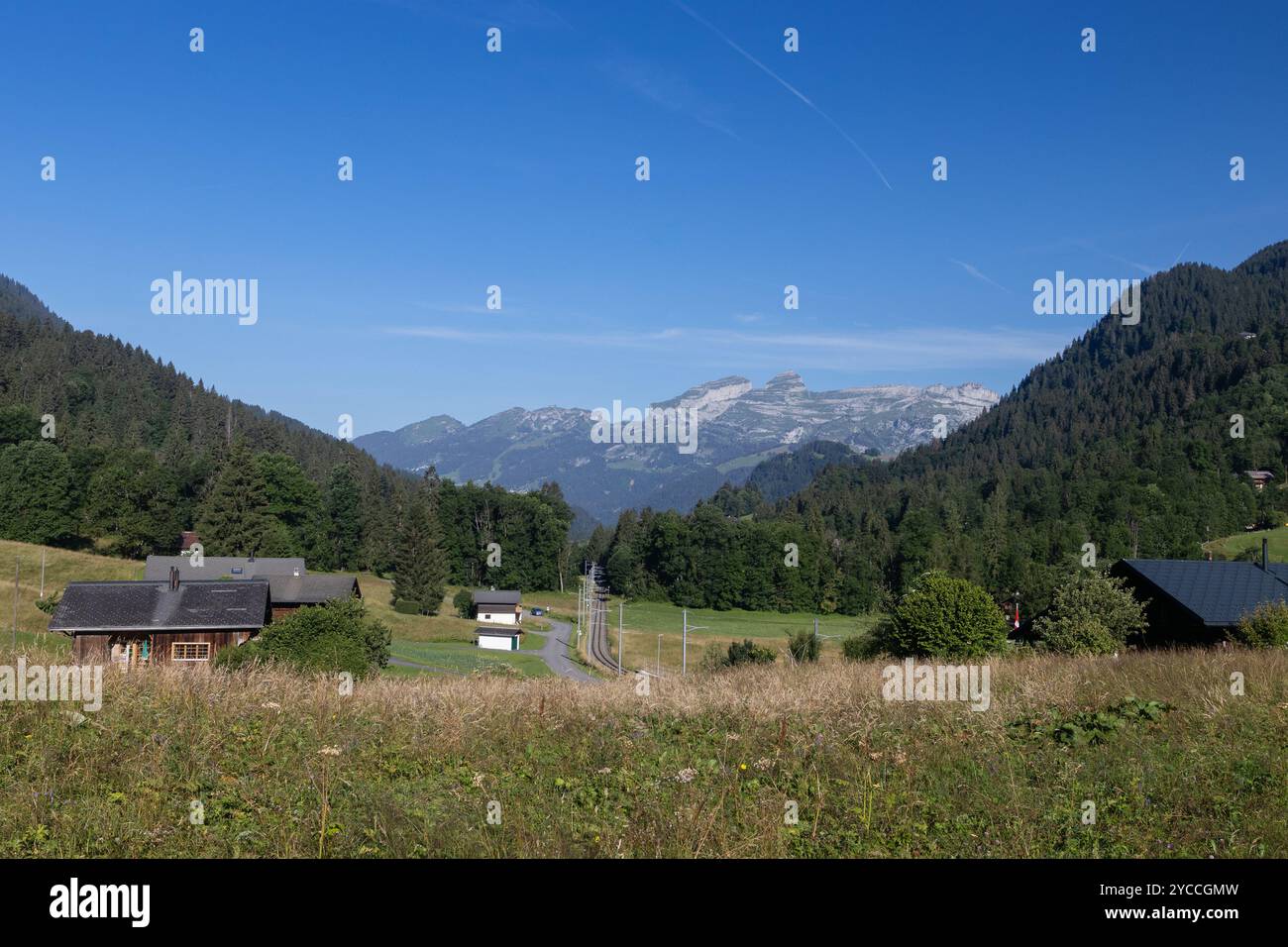 Vue estivale sur la vallée de vers l'Eglise, Ormont-dessus, Suisse regardant vers le sommet de la Berneuse et le long du Glacier 3000 rail Li Banque D'Images