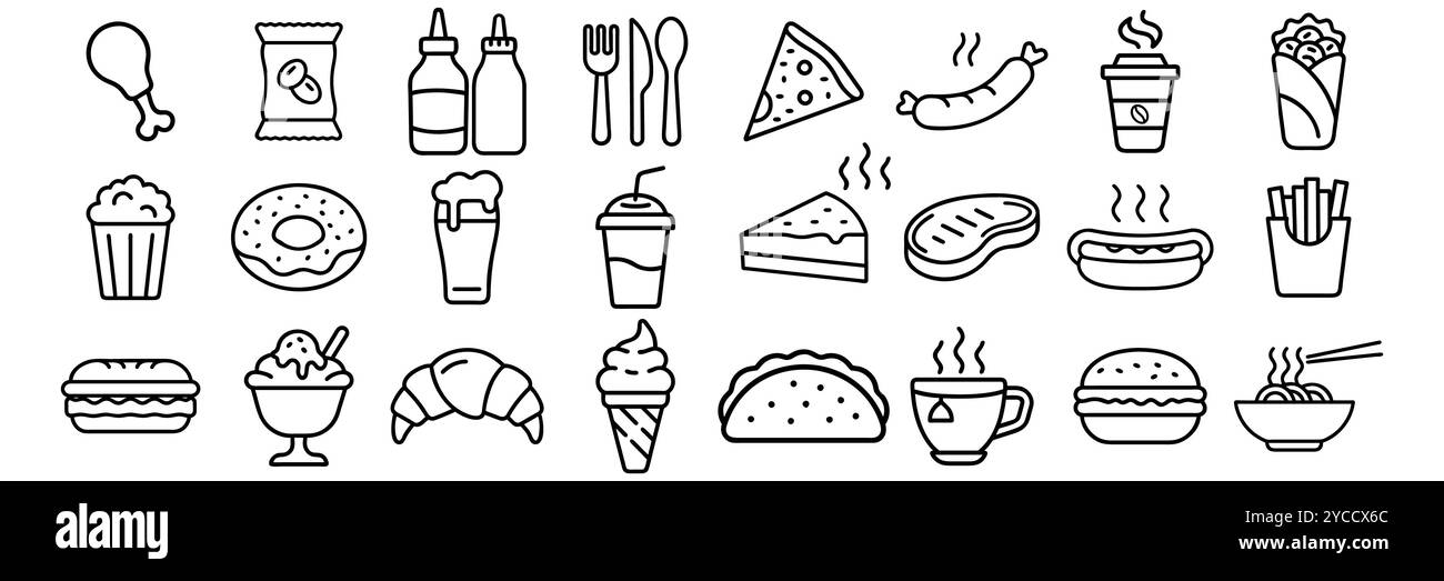 Jeu d'icônes de ligne plate de restauration rapide. Hamburger, snacks rapides, sandwich, frites, hot dog, burrito mexicain, illustrations vectorielles de pizza. Signes minces pour resta Illustration de Vecteur