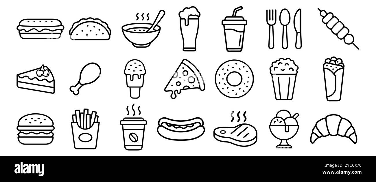 Jeu d'icônes de ligne plate de restauration rapide. Hamburger, snacks rapides, sandwich, frites, hot dog, burrito mexicain, illustrations vectorielles de pizza. Signes minces pour resta Illustration de Vecteur