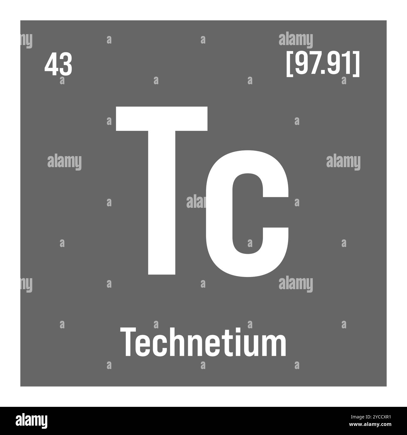 Technétium, TC, élément de table périodique avec nom, symbole, numéro atomique et poids. Élément radioactif synthétique ayant des utilisations potentielles dans la recherche scientifique et l'énergie nucléaire. Illustration de Vecteur