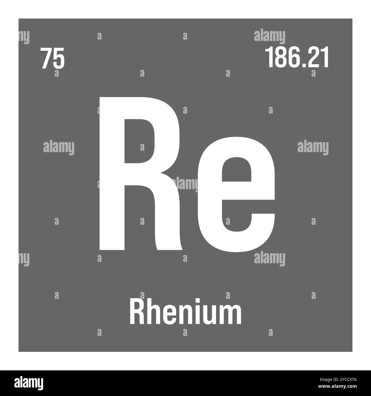Rhénium, Re, élément de table périodique avec nom, symbole, numéro atomique et poids. Métal de transition à diverses utilisations industrielles, comme dans les superalliages, les contacts électriques et comme catalyseur dans certaines réactions chimiques. Illustration de Vecteur