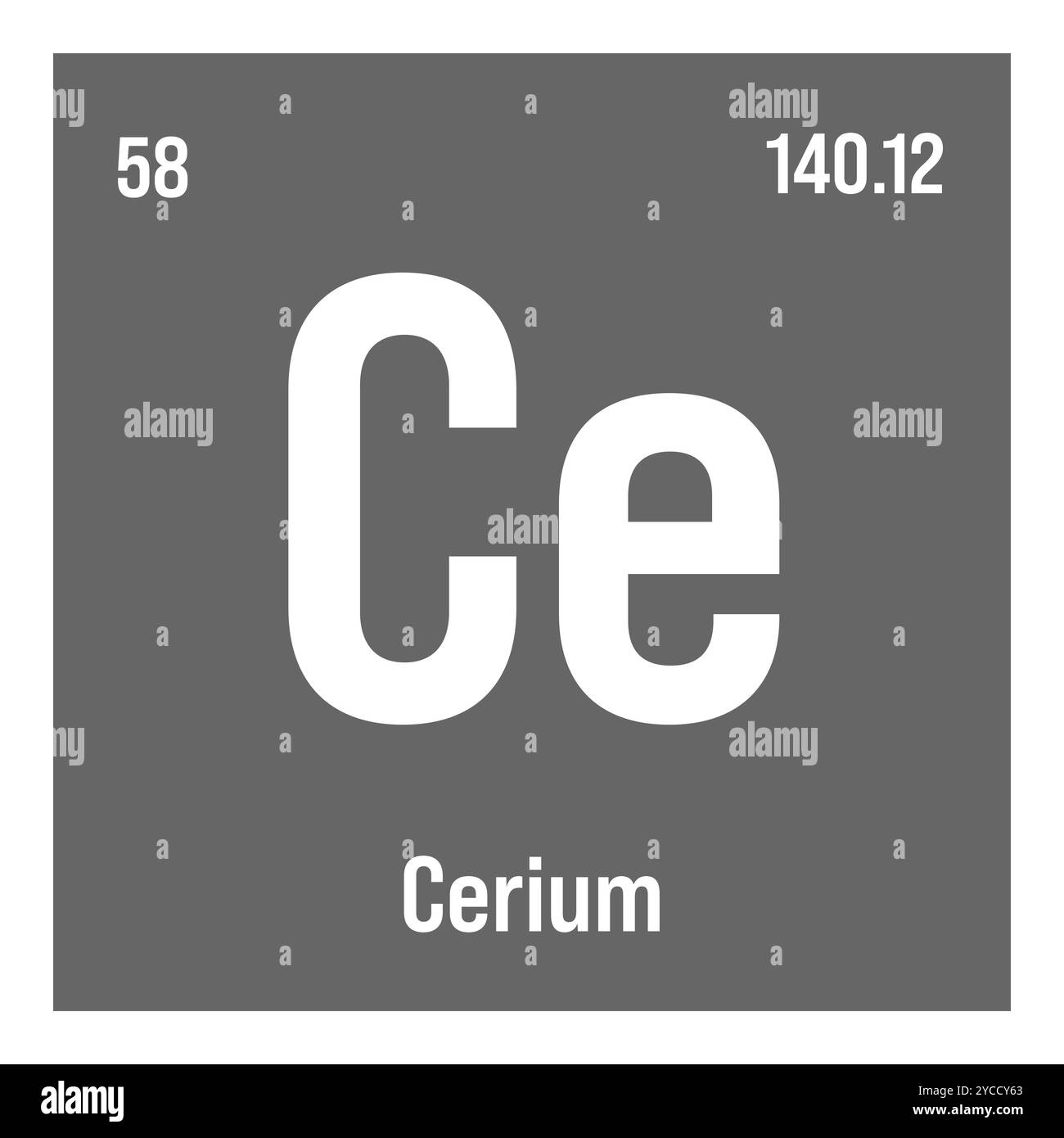 Cérium, ce, élément de table périodique avec nom, symbole, numéro atomique et poids. Métaux terreux rares à diverses utilisations industrielles, comme dans les convertisseurs catalytiques, les agents de polissage et comme composant de teintes plus légères. Illustration de Vecteur